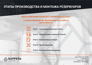 тел.: 8-800-250-80-08
barrelneft.ru
barrel-rezervuar.ru
резервуар-стальной.рф
ЭТАПЫ ПРОИЗВОДСТВА И МОНТАЖА РЕЗЕРВУАРОВ
НАША КОМПАНИЯ РЕАЛИЗУЕТ ПРОЕКТЫ ПОД КЛЮЧ:
от проектирования до пусконаладочных работ и
сдачи объекта.
Этап 1. Заполнение опросного листа
Этап 2. Определение стоимости (смета)
Этап 3. Подписание договора
Этап 4. Проектирование
Этап 5. Изготовление резервуара
 