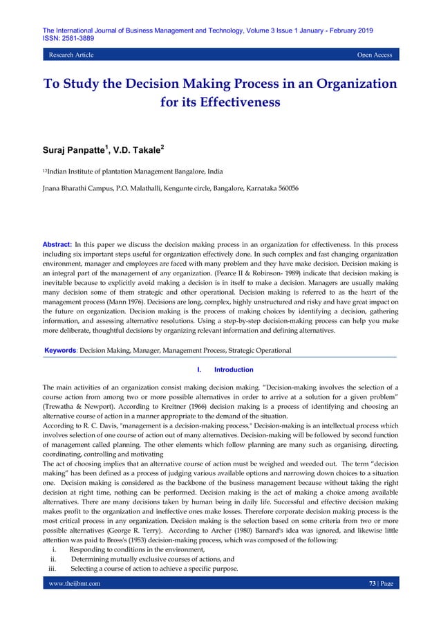 To Study the Decision Making Process in an Organization for its ...