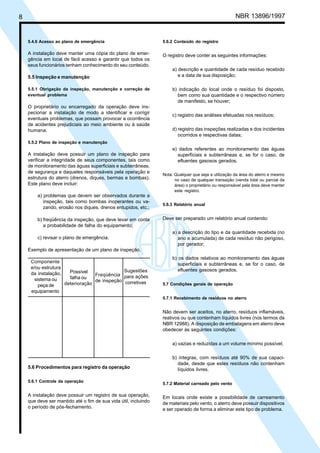 Cópia não autorizada 
8 NBR 13896/1997 
5.4.6 Acesso ao plano de emergência 
A instalação deve manter uma cópia do plano de emer-gência 
em local de fácil acesso e garantir que todos os 
seus funcionários tenham conhecimento do seu conteúdo. 
5.5 Inspeção e manutenção 
5.5.1 Obrigação da inspeção, manutenção e correção de 
eventual problema 
O proprietário ou encarregado da operação deve ins-pecionar 
a instalação de modo a identificar e corrigir 
eventuais problemas, que possam provocar a ocorrência 
de acidentes prejudiciais ao meio ambiente ou à saúde 
humana. 
5.5.2 Plano de inspeção e manutenção 
A instalação deve possuir um plano de inspeção para 
verificar a integridade de seus componentes, tais como 
de monitoramento das águas superficiais e subterrâneas, 
de segurança e daqueles responsáveis pela operação e 
estrutura do aterro (drenos, diques, bermas e bombas). 
Este plano deve incluir: 
a) problemas que devem ser observados durante a 
inspeção, tais como bombas inoperantes ou va-zando, 
erosão nos diques, drenos entupidos, etc.; 
b) freqüência da inspeção, que deve levar em conta 
a probabilidade de falha do equipamento; 
c) revisar o plano de emergência. 
Exemplo de apresentação de um plano de inspeção. 
Componente 
e/ou estrutura 
da instalação, 
sistema ou 
peça de 
equipamento 
5.6.2 Conteúdo do registro 
O registro deve conter as seguintes informações: 
a) descrição e quantidade de cada resíduo recebido 
e a data de sua disposição; 
b) indicação do local onde o resíduo foi disposto, 
bem como sua quantidade e o respectivo número 
de manifesto, se houver; 
c) registro das análises efetuadas nos resíduos; 
d) registro das inspeções realizadas e dos incidentes 
ocorridos e respectivas datas; 
e) dados referentes ao monitoramento das águas 
superficiais e subterrâneas e, se for o caso, de 
efluentes gasosos gerados. 
Nota: Qualquer que seja a utilização da área do aterro e mesmo 
no caso de qualquer transação (venda total ou parcial da 
área) o proprietário ou responsável pela área deve manter 
este registro. 
5.6.3 Relatório anual 
Deve ser preparado um relatório anual contendo: 
a) a descrição do tipo e da quantidade recebida (no 
ano e acumulada) de cada resíduo não perigoso, 
por gerador; 
b) os dados relativos ao monitoramento das águas 
superficiais e subterrâneas e, se for o caso, de 
efluentes gasosos gerados. 
5.7 Condições gerais de operação 
5.7.1 Recebimento de resíduos no aterro 
Não devem ser aceitos, no aterro, resíduos inflamáveis, 
reativos ou que contenham líquidos livres (nos termos da 
NBR 12988). A disposição de embalagens em aterro deve 
obedecer às seguintes condições: 
a) vazias e reduzidas a um volume mínimo possível; 
b) íntegras, com resíduos até 90% de sua capaci-dade, 
desde que estes resíduos não contenham 
líquidos livres. 
5.7.2 Material carreado pelo vento 
Em locais onde existe a possibilidade de carreamento 
de materiais pelo vento, o aterro deve possuir dispositivos 
e ser operado de forma a eliminar este tipo de problema. 
Sugestões 
para ações 
corretivas 
Possível 
falha ou 
deterioração 
Freqüência 
de inspeção 
5.6 Procedimentos para registro da operação 
5.6.1 Controle da operação 
A instalação deve possuir um registro de sua operação, 
que deve ser mantido até o fim de sua vida útil, incluindo 
o período de pós-fechamento. 
 