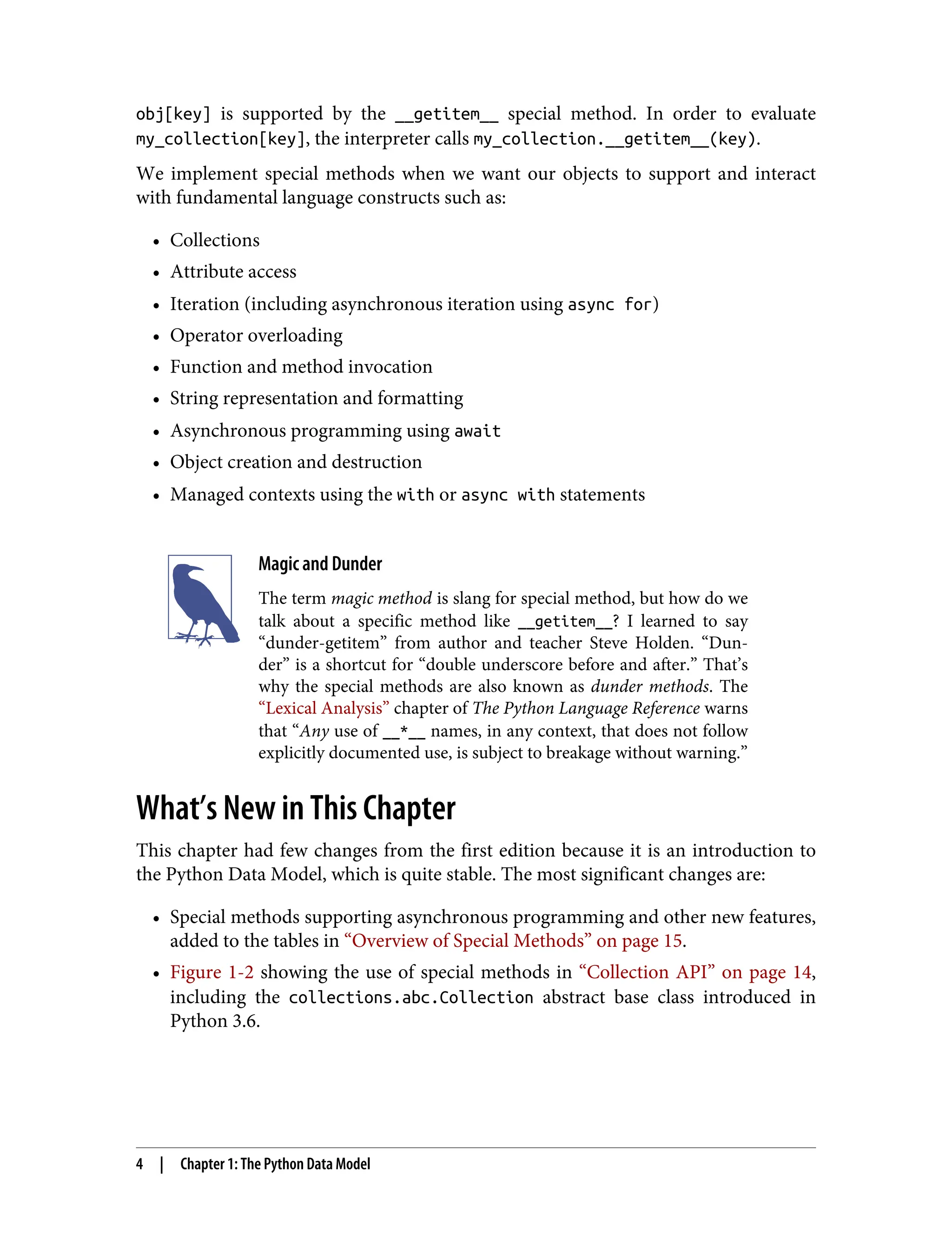 obj[key] is supported by the __getitem__ special method. In order to evaluate my_collection[key], the interpreter calls my_collection.__getitem__(key). We implement special methods when we want our objects to support and interact with fundamental language constructs such as: • Collections • Attribute access • Iteration (including asynchronous iteration using async for) • Operator overloading • Function and method invocation • String representation and formatting • Asynchronous programming using await • Object creation and destruction • Managed contexts using the with or async with statements Magic and Dunder The term magic method is slang for special method, but how do we talk about a specific method like __getitem__? I learned to say “dunder-getitem” from author and teacher Steve Holden. “Dun‐ der” is a shortcut for “double underscore before and after.” That’s why the special methods are also known as dunder methods. The “Lexical Analysis” chapter of The Python Language Reference warns that “Any use of __*__ names, in any context, that does not follow explicitly documented use, is subject to breakage without warning.” What’s New in This Chapter This chapter had few changes from the first edition because it is an introduction to the Python Data Model, which is quite stable. The most significant changes are: • Special methods supporting asynchronous programming and other new features, added to the tables in “Overview of Special Methods” on page 15. • Figure 1-2 showing the use of special methods in “Collection API” on page 14, including the collections.abc.Collection abstract base class introduced in Python 3.6. 4 | Chapter 1: The Python Data Model 