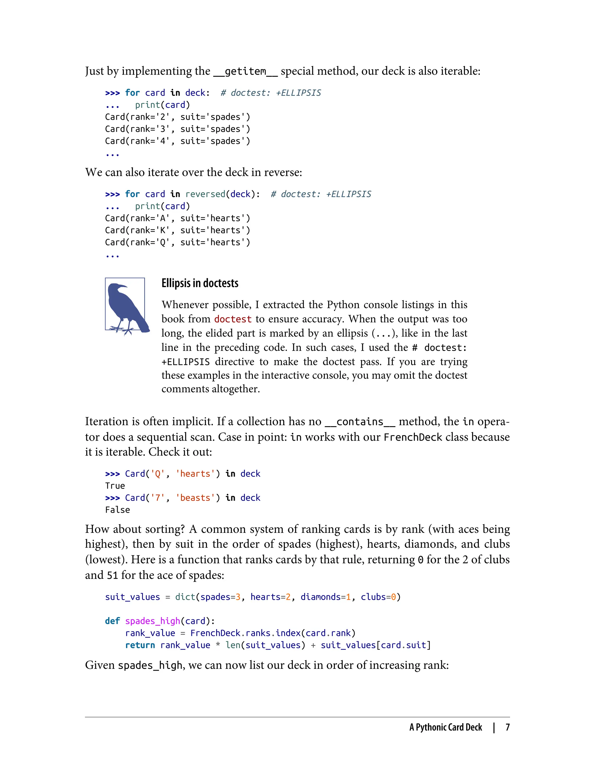 Just by implementing the __getitem__ special method, our deck is also iterable: >>> for card in deck: # doctest: +ELLIPSIS ... print(card) Card(rank='2', suit='spades') Card(rank='3', suit='spades') Card(rank='4', suit='spades') ... We can also iterate over the deck in reverse: >>> for card in reversed(deck): # doctest: +ELLIPSIS ... print(card) Card(rank='A', suit='hearts') Card(rank='K', suit='hearts') Card(rank='Q', suit='hearts') ... Ellipsis in doctests Whenever possible, I extracted the Python console listings in this book from doctest to ensure accuracy. When the output was too long, the elided part is marked by an ellipsis (...), like in the last line in the preceding code. In such cases, I used the # doctest: +ELLIPSIS directive to make the doctest pass. If you are trying these examples in the interactive console, you may omit the doctest comments altogether. Iteration is often implicit. If a collection has no __contains__ method, the in opera‐ tor does a sequential scan. Case in point: in works with our FrenchDeck class because it is iterable. Check it out: >>> Card('Q', 'hearts') in deck True >>> Card('7', 'beasts') in deck False How about sorting? A common system of ranking cards is by rank (with aces being highest), then by suit in the order of spades (highest), hearts, diamonds, and clubs (lowest). Here is a function that ranks cards by that rule, returning 0 for the 2 of clubs and 51 for the ace of spades: suit_values = dict(spades=3, hearts=2, diamonds=1, clubs=0) def spades_high(card): rank_value = FrenchDeck.ranks.index(card.rank) return rank_value * len(suit_values) + suit_values[card.suit] Given spades_high, we can now list our deck in order of increasing rank: A Pythonic Card Deck | 7 