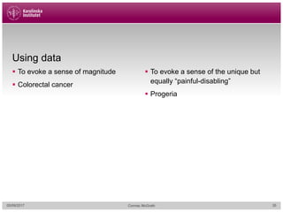 Using data
§ To evoke a sense of magnitude
§ Colorectal cancer
§ To evoke a sense of the unique but
equally “painful-disabling”
§ Progeria
05/09/2017 Cormac McGrath 35
 