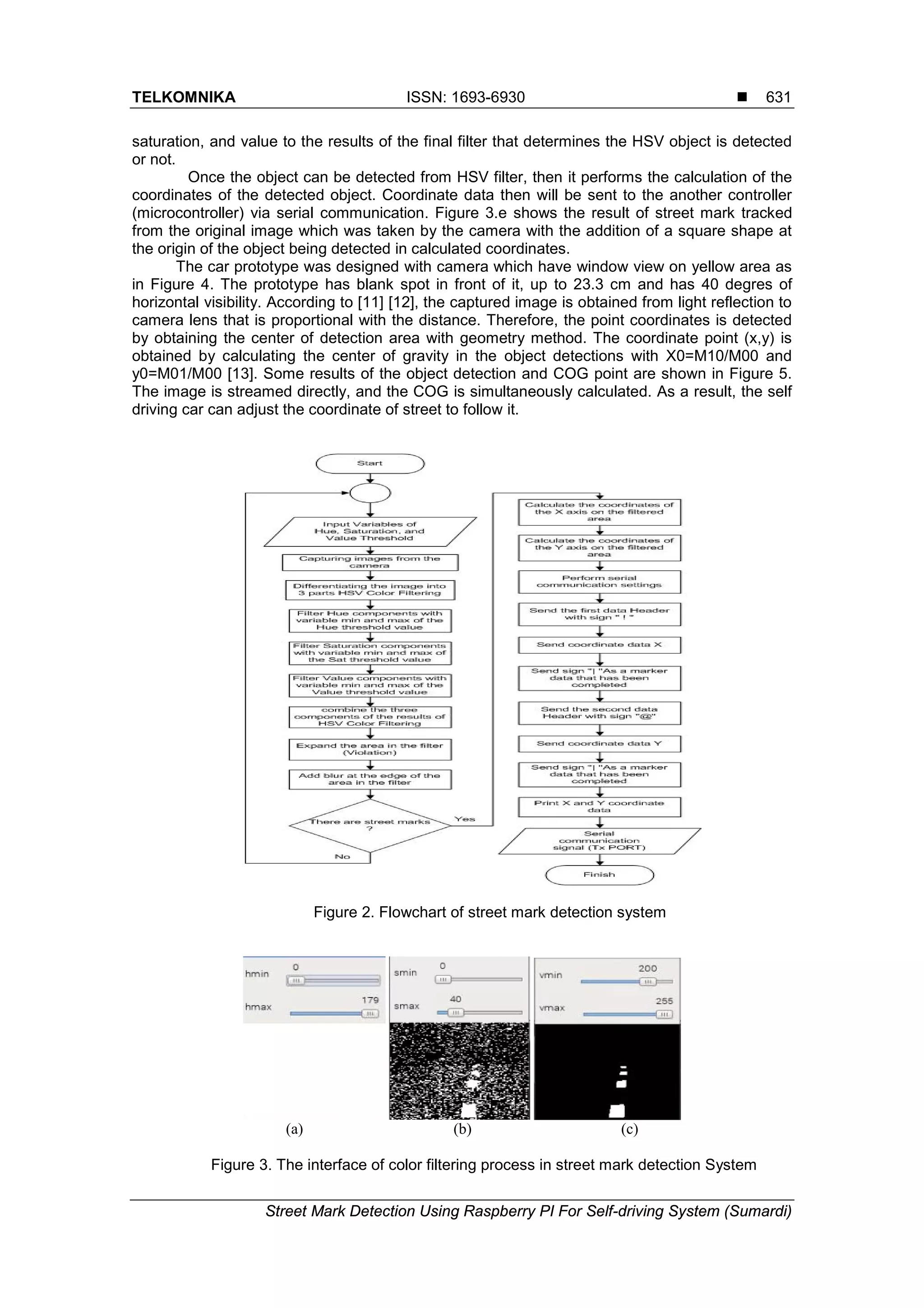 TELKOMNIKA ISSN: 1693-6930 
Street Mark Detection Using Raspberry PI For Self-driving System (Sumardi)
631
saturation, and value to the results of the final filter that determines the HSV object is detected
or not.
Once the object can be detected from HSV filter, then it performs the calculation of the
coordinates of the detected object. Coordinate data then will be sent to the another controller
(microcontroller) via serial communication. Figure 3.e shows the result of street mark tracked
from the original image which was taken by the camera with the addition of a square shape at
the origin of the object being detected in calculated coordinates.
The car prototype was designed with camera which have window view on yellow area as
in Figure 4. The prototype has blank spot in front of it, up to 23.3 cm and has 40 degres of
horizontal visibility. According to [11] [12], the captured image is obtained from light reflection to
camera lens that is proportional with the distance. Therefore, the point coordinates is detected
by obtaining the center of detection area with geometry method. The coordinate point (x,y) is
obtained by calculating the center of gravity in the object detections with X0=M10/M00 and
y0=M01/M00 [13]. Some results of the object detection and COG point are shown in Figure 5.
The image is streamed directly, and the COG is simultaneously calculated. As a result, the self
driving car can adjust the coordinate of street to follow it.
Figure 2. Flowchart of street mark detection system
(a) (b) (c)
Figure 3. The interface of color filtering process in street mark detection System
 