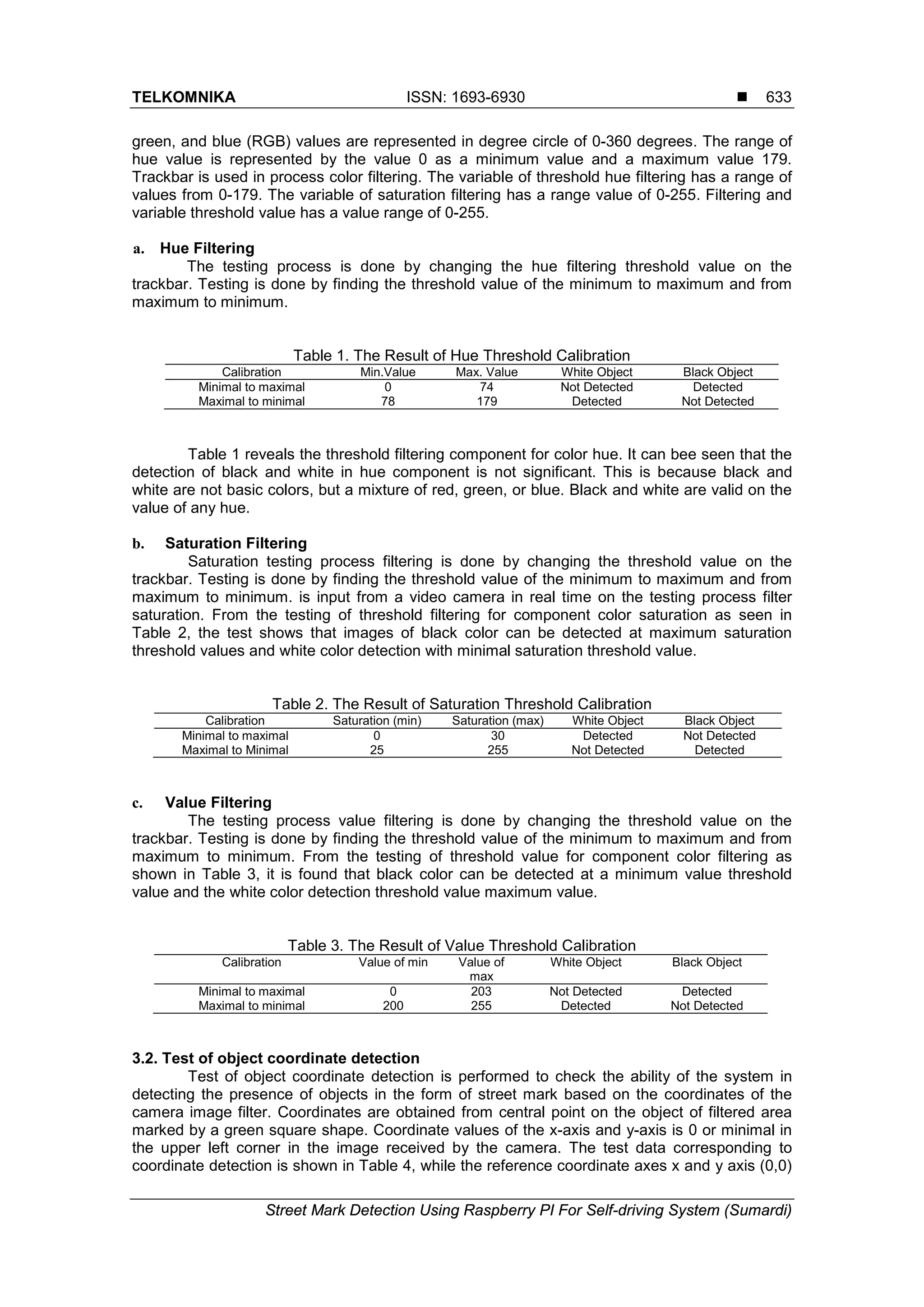 TELKOMNIKA ISSN: 1693-6930 
Street Mark Detection Using Raspberry PI For Self-driving System (Sumardi)
633
green, and blue (RGB) values are represented in degree circle of 0-360 degrees. The range of
hue value is represented by the value 0 as a minimum value and a maximum value 179.
Trackbar is used in process color filtering. The variable of threshold hue filtering has a range of
values from 0-179. The variable of saturation filtering has a range value of 0-255. Filtering and
variable threshold value has a value range of 0-255.
a. Hue Filtering
The testing process is done by changing the hue filtering threshold value on the
trackbar. Testing is done by finding the threshold value of the minimum to maximum and from
maximum to minimum.
Table 1. The Result of Hue Threshold Calibration
Calibration Min.Value Max. Value White Object Black Object
Minimal to maximal 0 74 Not Detected Detected
Maximal to minimal 78 179 Detected Not Detected
Table 1 reveals the threshold filtering component for color hue. It can bee seen that the
detection of black and white in hue component is not significant. This is because black and
white are not basic colors, but a mixture of red, green, or blue. Black and white are valid on the
value of any hue.
b. Saturation Filtering
Saturation testing process filtering is done by changing the threshold value on the
trackbar. Testing is done by finding the threshold value of the minimum to maximum and from
maximum to minimum. is input from a video camera in real time on the testing process filter
saturation. From the testing of threshold filtering for component color saturation as seen in
Table 2, the test shows that images of black color can be detected at maximum saturation
threshold values and white color detection with minimal saturation threshold value.
Table 2. The Result of Saturation Threshold Calibration
Calibration Saturation (min) Saturation (max) White Object Black Object
Minimal to maximal 0 30 Detected Not Detected
Maximal to Minimal 25 255 Not Detected Detected
c. Value Filtering
The testing process value filtering is done by changing the threshold value on the
trackbar. Testing is done by finding the threshold value of the minimum to maximum and from
maximum to minimum. From the testing of threshold value for component color filtering as
shown in Table 3, it is found that black color can be detected at a minimum value threshold
value and the white color detection threshold value maximum value.
Table 3. The Result of Value Threshold Calibration
Calibration Value of min Value of
max
White Object Black Object
Minimal to maximal 0 203 Not Detected Detected
Maximal to minimal 200 255 Detected Not Detected
3.2. Test of object coordinate detection
Test of object coordinate detection is performed to check the ability of the system in
detecting the presence of objects in the form of street mark based on the coordinates of the
camera image filter. Coordinates are obtained from central point on the object of filtered area
marked by a green square shape. Coordinate values of the x-axis and y-axis is 0 or minimal in
the upper left corner in the image received by the camera. The test data corresponding to
coordinate detection is shown in Table 4, while the reference coordinate axes x and y axis (0,0)
 