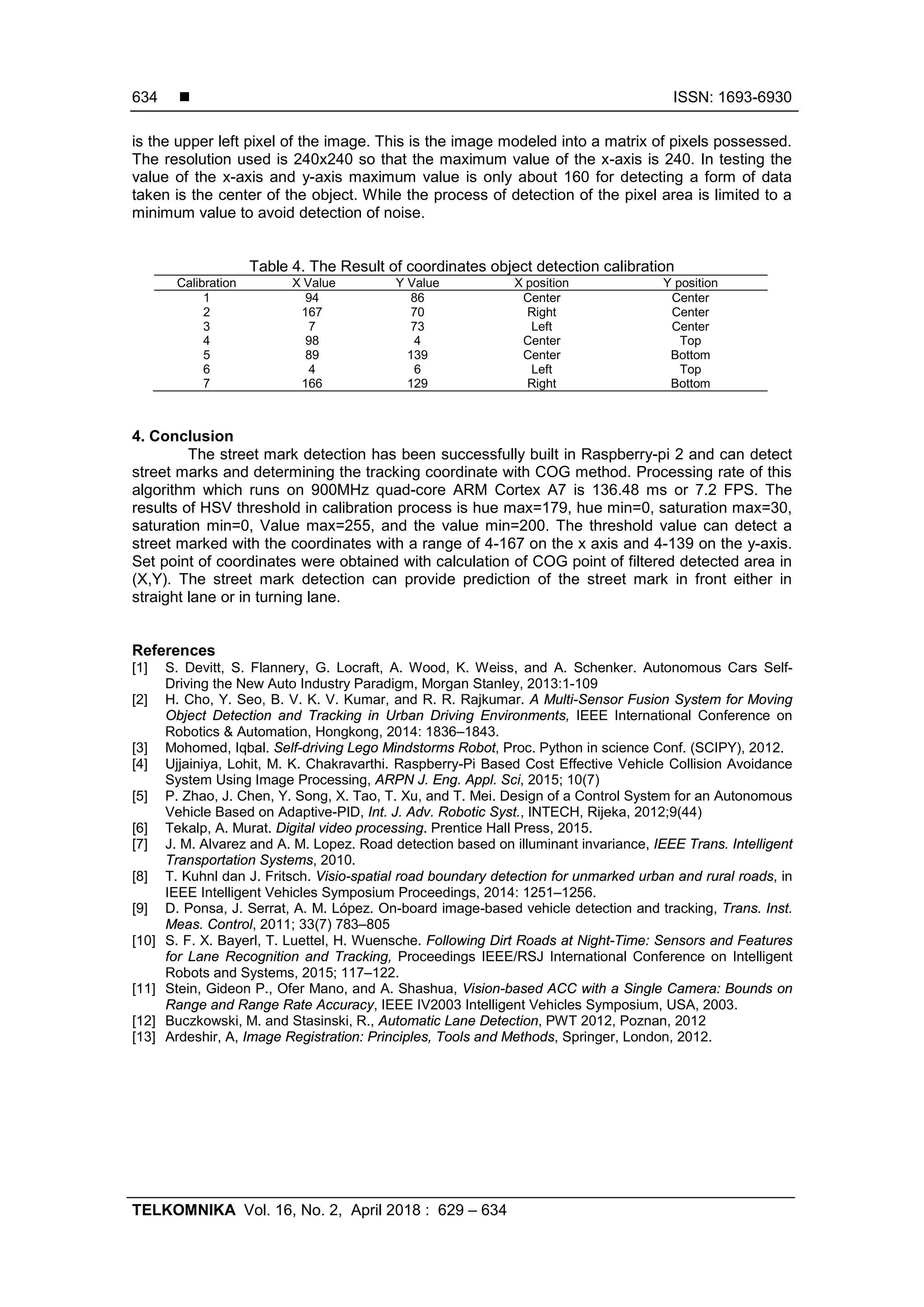  ISSN: 1693-6930
TELKOMNIKA Vol. 16, No. 2, April 2018 : 629 – 634
634
is the upper left pixel of the image. This is the image modeled into a matrix of pixels possessed.
The resolution used is 240x240 so that the maximum value of the x-axis is 240. In testing the
value of the x-axis and y-axis maximum value is only about 160 for detecting a form of data
taken is the center of the object. While the process of detection of the pixel area is limited to a
minimum value to avoid detection of noise.
Table 4. The Result of coordinates object detection calibration
Calibration X Value Y Value X position Y position
1 94 86 Center Center
2 167 70 Right Center
3 7 73 Left Center
4 98 4 Center Top
5 89 139 Center Bottom
6 4 6 Left Top
7 166 129 Right Bottom
4. Conclusion
The street mark detection has been successfully built in Raspberry-pi 2 and can detect
street marks and determining the tracking coordinate with COG method. Processing rate of this
algorithm which runs on 900MHz quad-core ARM Cortex A7 is 136.48 ms or 7.2 FPS. The
results of HSV threshold in calibration process is hue max=179, hue min=0, saturation max=30,
saturation min=0, Value max=255, and the value min=200. The threshold value can detect a
street marked with the coordinates with a range of 4-167 on the x axis and 4-139 on the y-axis.
Set point of coordinates were obtained with calculation of COG point of filtered detected area in
(X,Y). The street mark detection can provide prediction of the street mark in front either in
straight lane or in turning lane.
References
[1] S. Devitt, S. Flannery, G. Locraft, A. Wood, K. Weiss, and A. Schenker. Autonomous Cars Self-
Driving the New Auto Industry Paradigm, Morgan Stanley, 2013:1-109
[2] H. Cho, Y. Seo, B. V. K. V. Kumar, and R. R. Rajkumar. A Multi-Sensor Fusion System for Moving
Object Detection and Tracking in Urban Driving Environments, IEEE International Conference on
Robotics & Automation, Hongkong, 2014: 1836–1843.
[3] Mohomed, Iqbal. Self-driving Lego Mindstorms Robot, Proc. Python in science Conf. (SCIPY), 2012.
[4] Ujjainiya, Lohit, M. K. Chakravarthi. Raspberry-Pi Based Cost Effective Vehicle Collision Avoidance
System Using Image Processing, ARPN J. Eng. Appl. Sci, 2015; 10(7)
[5] P. Zhao, J. Chen, Y. Song, X. Tao, T. Xu, and T. Mei. Design of a Control System for an Autonomous
Vehicle Based on Adaptive-PID, Int. J. Adv. Robotic Syst., INTECH, Rijeka, 2012;9(44)
[6] Tekalp, A. Murat. Digital video processing. Prentice Hall Press, 2015.
[7] J. M. Alvarez and A. M. Lopez. Road detection based on illuminant invariance, IEEE Trans. Intelligent
Transportation Systems, 2010.
[8] T. Kuhnl dan J. Fritsch. Visio-spatial road boundary detection for unmarked urban and rural roads, in
IEEE Intelligent Vehicles Symposium Proceedings, 2014: 1251–1256.
[9] D. Ponsa, J. Serrat, A. M. López. On-board image-based vehicle detection and tracking, Trans. Inst.
Meas. Control, 2011; 33(7) 783–805
[10] S. F. X. Bayerl, T. Luettel, H. Wuensche. Following Dirt Roads at Night-Time: Sensors and Features
for Lane Recognition and Tracking, Proceedings IEEE/RSJ International Conference on Intelligent
Robots and Systems, 2015; 117–122.
[11] Stein, Gideon P., Ofer Mano, and A. Shashua, Vision-based ACC with a Single Camera: Bounds on
Range and Range Rate Accuracy, IEEE IV2003 Intelligent Vehicles Symposium, USA, 2003.
[12] Buczkowski, M. and Stasinski, R., Automatic Lane Detection, PWT 2012, Poznan, 2012
[13] Ardeshir, A, Image Registration: Principles, Tools and Methods, Springer, London, 2012.
 