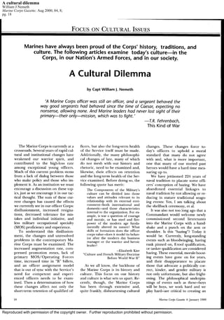 Reproduced with permission of the copyright owner. Further reproduction prohibited without permission.
A cultural dilemma
William J Nemeth
Marine Corps Gazette; Aug 2000; 84, 8;
pg. 18
 