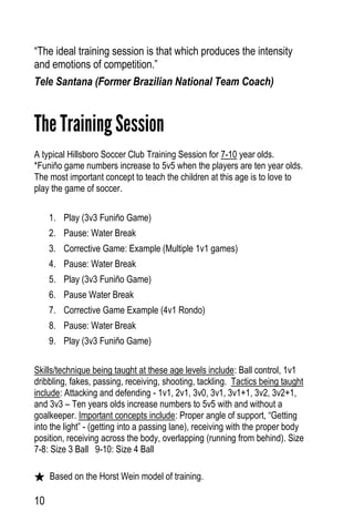 10
“The ideal training session is that which produces the intensity
and emotions of competition.”
Tele Santana (Former Brazilian National Team Coach)
The Training Session
A typical Hillsboro Soccer Club Training Session for 7-10 year olds.
*Funiño game numbers increase to 5v5 when the players are ten year olds.
The most important concept to teach the children at this age is to love to
play the game of soccer.
1. Play (3v3 Funiño Game)
2. Pause: Water Break
3. Corrective Game: Example (Multiple 1v1 games)
4. Pause: Water Break
5. Play (3v3 Funiño Game)
6. Pause Water Break
7. Corrective Game Example (4v1 Rondo)
8. Pause: Water Break
9. Play (3v3 Funiño Game)
Skills/technique being taught at these age levels include: Ball control, 1v1
dribbling, fakes, passing, receiving, shooting, tackling. Tactics being taught
include: Attacking and defending - 1v1, 2v1, 3v0, 3v1, 3v1+1, 3v2, 3v2+1,
and 3v3 – Ten years olds increase numbers to 5v5 with and without a
goalkeeper. Important concepts include: Proper angle of support, “Getting
into the light” - (getting into a passing lane), receiving with the proper body
position, receiving across the body, overlapping (running from behind). Size
7-8: Size 3 Ball 9-10: Size 4 Ball
Based on the Horst Wein model of training.
 