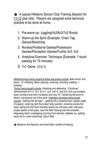 11
A typical Hillsboro Soccer Club Training Session for
11-12 year olds. Players are assigned extra technical
practice to be done at home.
1. Pre-warm-up: Juggling/5v2/6v2/7v2 Rondo
2. Warm-up the Spirit (Example: Chain Tag
Game)/Stretching
3. Rondos/Positional Games/Possession
Games/Perception Games/Funiño 3v3, 5v5
4. Analytical Exercise: Technique (Example: 1 touch
passing for 10 minutes)
5. 7v7 Game (3-2-1)
Skills/technique being taught at these age levels include: Ball control, first
touch, 1v1 dribbling, fakes, passing, receiving, shooting, tackling, +
heading.
Tactics being taught include: Attacking and defending - Continued
reinforcement of 1v1, 2v1, 3v1+1, 3v2, 3v2+1, and 3v3, 5v5 (up numbers,
down numbers and even numbers) and now 7v7. Switching the point of
attack, and playing out of the back. Important concepts being taught
include: “Getting into the light” - (getting into a passing lane), proper angle
of support, receiving with the proper body position, receiving across the
body, taking the first touch towards where you will pass next, wall pass,
proper speed on the pass, scan the field, looking over the shoulder,
disguising intent, overlapping (running from behind), doblada run, getting
away from a mark (checking). Size 4 Ball.
Based on the Spanish and Horst Wein models of training.
 