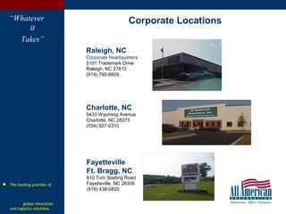 “Whatever
it
Takes”
Corporate Locations
Raleigh, NC
Corporate Headquarters
5101 Trademark Drive
Raleigh, NC 27612
(919) 790-8809
Charlotte, NC
5433 Wyoming Avenue
Charlotte, NC 28273
(704) 927-0310
Fayetteville
Ft. Bragg, NC
810 Tom Starling Road
Fayetteville, NC 28306
(919) 438-0820
 The leading provider of
global relocation
and logistics solutions.
 