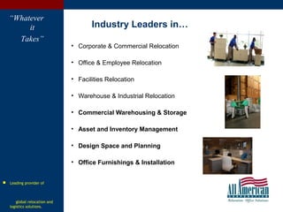 “Whatever
it
Takes”
4
• Corporate & Commercial Relocation
• Office & Employee Relocation
• Facilities Relocation
• Warehouse & Industrial Relocation
• Commercial Warehousing & Storage
• Asset and Inventory Management
• Design Space and Planning
• Office Furnishings & Installation
Industry Leaders in…
 Leading provider of
global relocation and
logistics solutions.
 