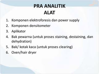 PRA ANALITIK
ALAT
1. Komponen elektroforesis dan power supply
2. Komponen densitometer
3. Aplikator
4. Bak pewarna (untuk proses staining, destaining, dan
dehydration)
5. Bak/ kotak kaca (untuk proses clearing)
6. Oven/hair dryer
 