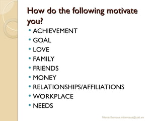 How do the following motivate
How do the following motivate
you?
you?
 ACHIEVEMENT
 GOAL
 LOVE
 FAMILY
 FRIENDS
 MONEY
 RELATIONSHIPS/AFFILIATIONS
 WORKPLACE
 NEEDS
Mercè Bernaus mbernaus@uab.es
 