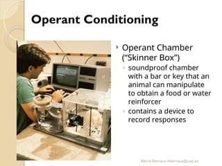 Mercè Bernaus mbernaus@uab.es
 Operant Chamber
(“Skinner Box”)
◦ soundproof chamber
with a bar or key that an
animal can manipulate
to obtain a food or water
reinforcer
◦ contains a device to
record responses
 