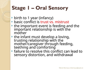 Mercè Bernaus mbernaus@uab.es
 birth to 1 year (infancy)
 basic conflict is trust vs. mistrust
 the important event is feeding and the
important relationship is with the
mother
 the infant must develop a loving,
trusting relationship with the
mother/caregiver through feeding,
teething and comforting
 failure to resolve this conflict can lead to
sensory distortion, and withdrawal
 