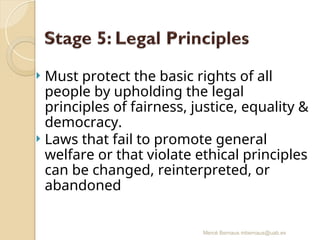 Mercè Bernaus mbernaus@uab.es
 Must protect the basic rights of all
people by upholding the legal
principles of fairness, justice, equality &
democracy.
 Laws that fail to promote general
welfare or that violate ethical principles
can be changed, reinterpreted, or
abandoned
 