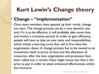 Kurt Lewin’s Change theory
 Change – “implementation”
 Once team members have opened up their minds, change
can start. The change process can be a very dynamic one
and, if it is to be effective, it will probably take some time
and involve a transition period. In order to gain efficiency,
people will have to take on new tasks and responsibilities,
which entails a learning curve that will at first slow the
organization down. A change process has to be viewed as an
investment, both in terms of time and the allocation of
resources: after the new organization and processes have
been rolled out, a certain chaos might ensue, but that is the
price to pay in order to attain enhanced effectiveness within
the structure.
Mercè Bernaus mbernaus@uab.es
 
