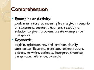 Mercè Bernaus mbernaus@uab.es
Comprehension
Comprehension
 Examples or Activity:
explain or interpret meaning from a given scenario
or statement, suggest treatment, reaction or
solution to given problem, create examples or
metaphors
 Keywords:
explain, reiterate, reword, critique, classify,
summarize, illustrate, translate, review, report,
discuss, re-write, estimate, interpret, theorize,
paraphrase, reference, example
 