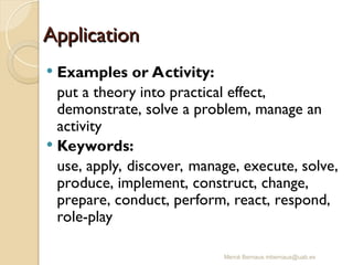 Mercè Bernaus mbernaus@uab.es
Application
Application
 Examples or Activity:
put a theory into practical effect,
demonstrate, solve a problem, manage an
activity
 Keywords:
use, apply, discover, manage, execute, solve,
produce, implement, construct, change,
prepare, conduct, perform, react, respond,
role-play
 