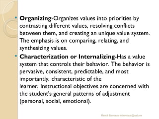 Mercè Bernaus mbernaus@uab.es
 Organizing-Organizes values into priorities by
contrasting different values, resolving conflicts
between them, and creating an unique value system.
The emphasis is on comparing, relating, and
synthesizing values.
 Characterization or Internalizing-Has a value
system that controls their behavior. The behavior is
pervasive, consistent, predictable, and most
importantly, characteristic of the
learner. Instructional objectives are concerned with
the student's general patterns of adjustment
(personal, social, emotional).
 