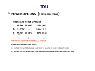 IDU
 POWER OPTIONS (3 PIN CONNECTOR)
THERE ARE THREE OPTIONS
1- 48 TO 60 VDC 20% (9.6)
2- 24 VDC 20% (4.8)
3- 48 TO 60 VDC 20% (9.6)
WHY WE USE NEGATIVE VOLTAGE ( e.g. -48VDC) ?
TO MINIMIZE THE INTERNAL NOISE
IN – VOLTAGE THE ELECTRON FLOW IS EQUIPMENT TO GROUND SO NOISE POSSIBILITY IS LESS
IN + VOLTAGE THE ELECTRON FLOW IS FROM GROUND TO EQUIPMENT SO NOISE POSSIBILITY IS HIGH
 