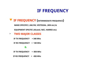 IF FREQUENCY
 IF FREQUENCY (INTERMEDIATE FREQUENCE)
BAND SPECIFIC ( AM,FM, VESTEGIAL ,MW etc) &
EQUIPMENT SPECFIC (Alcatel, NEC, HARRIS etc)
 TWO MAJOR CLASSES
IF TX FREQUENCY = 340 Mhz
IF RX FREQUENCY = 140 Mhz
&
IF TX FREQUENCY = 850 Mhz
IF RX FREQUENCY = 450 Mhz
 