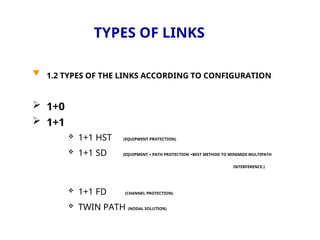 TYPES OF LINKS
 1.2 TYPES OF THE LINKS ACCORDING TO CONFIGURATION
 1+0
 1+1
 1+1 HST (EQUIPMENT PROTECTION)
 1+1 SD (EQUIPMENT + PATH PROTECTION +BEST METHOD TO MINIMIZE MULTIPATH
INTERFERENCE.)
 1+1 FD (CHANNEL PROTECTION)
 TWIN PATH (NODAL SOLUTION)
 