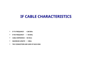 IF CABLE CHARACTERISTICS
 IF TX FREQUENCY = 340 Mhz
 IF RX FREQUENCY = 140 Mhz
 CABLE IMPEDENCE = 50 Ohm
 MAXIMUM LENGTH = 300m
 TNC CONNCETORS ARE USED AT EACH END.
 