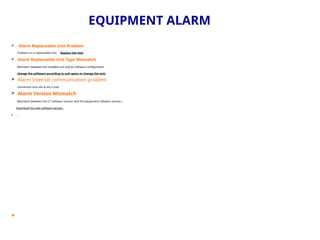EQUIPMENT ALARM
 Alarm Replaceable Unit Problem
Problem on a replaceable Unit Replace the Unit
 Alarm Replaceable Unit Type Mismatch
Mismatch between the installed unit and its software configuration
change the software according to unit specs or change the unit.
 Alarm Internal communication problem
connection b/w odu & idu is lost
 Alarm Version Mismatch
Mismatch between the CT software version and the equipment software version.
Download the new software version.


 