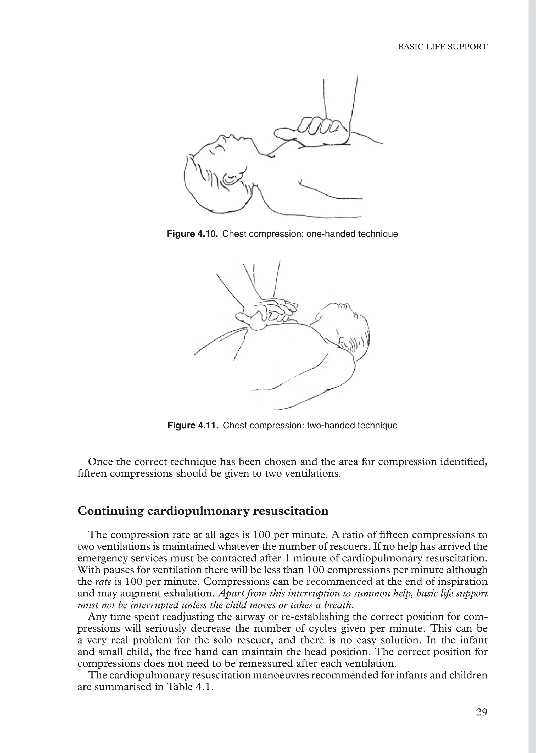 BASIC LIFE SUPPORT
Figure 4.10. Chest compression: one-handed technique
Figure 4.11. Chest compression: two-handed technique
Once the correct technique has been chosen and the area for compression identiﬁed,
ﬁfteen compressions should be given to two ventilations.
Continuing cardiopulmonary resuscitation
The compression rate at all ages is 100 per minute. A ratio of ﬁfteen compressions to
two ventilations is maintained whatever the number of rescuers. If no help has arrived the
emergency services must be contacted after 1 minute of cardiopulmonary resuscitation.
With pauses for ventilation there will be less than 100 compressions per minute although
the rate is 100 per minute. Compressions can be recommenced at the end of inspiration
and may augment exhalation. Apart from this interruption to summon help, basic life support
must not be interrupted unless the child moves or takes a breath.
Any time spent readjusting the airway or re-establishing the correct position for com-
pressions will seriously decrease the number of cycles given per minute. This can be
a very real problem for the solo rescuer, and there is no easy solution. In the infant
and small child, the free hand can maintain the head position. The correct position for
compressions does not need to be remeasured after each ventilation.
The cardiopulmonary resuscitation manoeuvres recommended for infants and children
are summarised in Table 4.1.
29
 