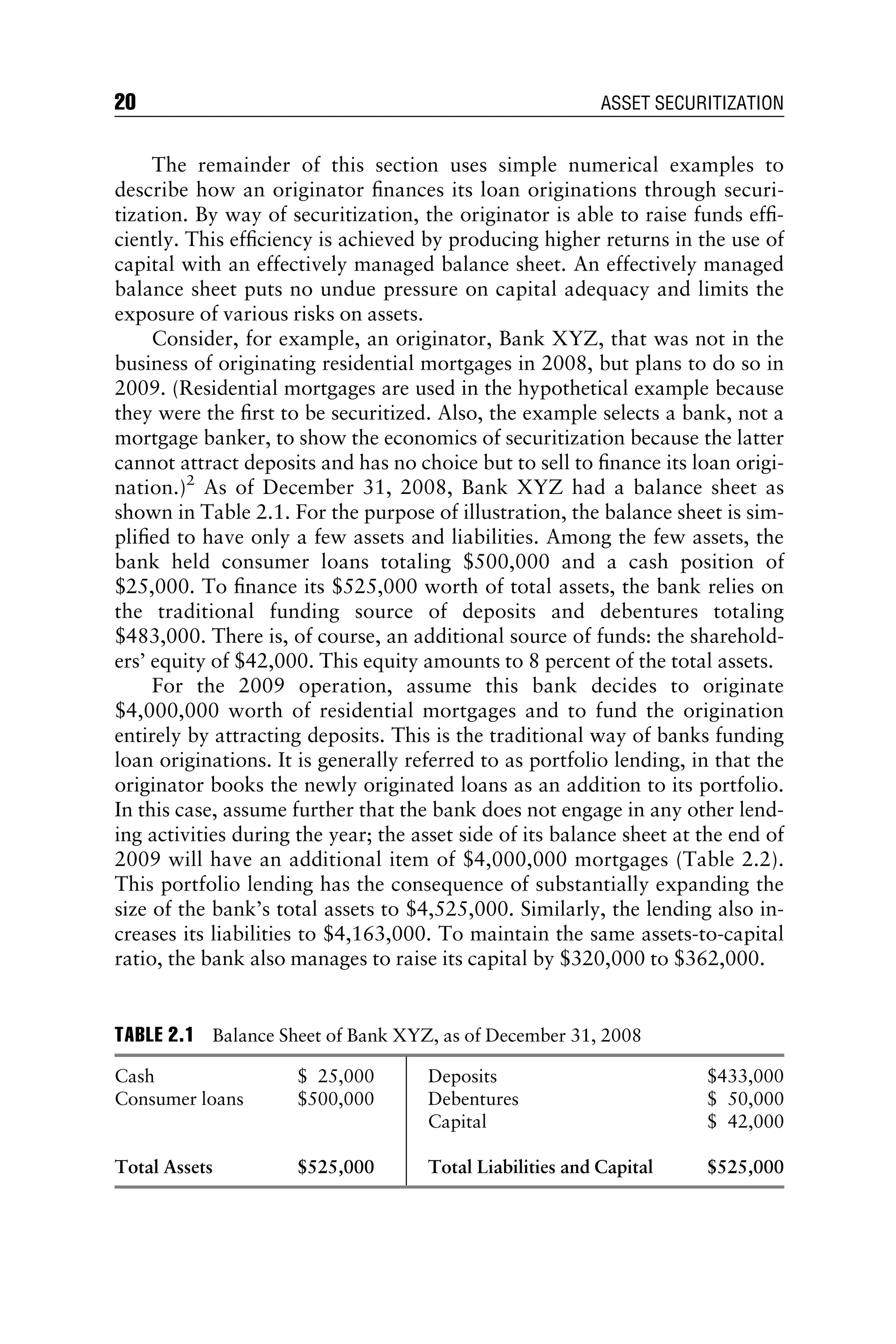 The remainder of this section uses simple numerical examples to
describe how an originator ﬁnances its loan originations through securi-
tization. By way of securitization, the originator is able to raise funds efﬁ-
ciently. This efﬁciency is achieved by producing higher returns in the use of
capital with an effectively managed balance sheet. An effectively managed
balance sheet puts no undue pressure on capital adequacy and limits the
exposure of various risks on assets.
Consider, for example, an originator, Bank XYZ, that was not in the
business of originating residential mortgages in 2008, but plans to do so in
2009. (Residential mortgages are used in the hypothetical example because
they were the ﬁrst to be securitized. Also, the example selects a bank, not a
mortgage banker, to show the economics of securitization because the latter
cannot attract deposits and has no choice but to sell to ﬁnance its loan origi-
nation.)2
As of December 31, 2008, Bank XYZ had a balance sheet as
shown in Table 2.1. For the purpose of illustration, the balance sheet is sim-
pliﬁed to have only a few assets and liabilities. Among the few assets, the
bank held consumer loans totaling $500,000 and a cash position of
$25,000. To ﬁnance its $525,000 worth of total assets, the bank relies on
the traditional funding source of deposits and debentures totaling
$483,000. There is, of course, an additional source of funds: the sharehold-
ers’ equity of $42,000. This equity amounts to 8 percent of the total assets.
For the 2009 operation, assume this bank decides to originate
$4,000,000 worth of residential mortgages and to fund the origination
entirely by attracting deposits. This is the traditional way of banks funding
loan originations. It is generally referred to as portfolio lending, in that the
originator books the newly originated loans as an addition to its portfolio.
In this case, assume further that the bank does not engage in any other lend-
ing activities during the year; the asset side of its balance sheet at the end of
2009 will have an additional item of $4,000,000 mortgages (Table 2.2).
This portfolio lending has the consequence of substantially expanding the
size of the bank’s total assets to $4,525,000. Similarly, the lending also in-
creases its liabilities to $4,163,000. To maintain the same assets-to-capital
ratio, the bank also manages to raise its capital by $320,000 to $362,000.
TABLE 2.1 Balance Sheet of Bank XYZ, as of December 31, 2008
Cash $ 25,000 Deposits $433,000
Consumer loans $500,000 Debentures $ 50,000
Capital $ 42,000
Total Assets $525,000 Total Liabilities and Capital $525,000
20 ASSET SECURITIZATION
 