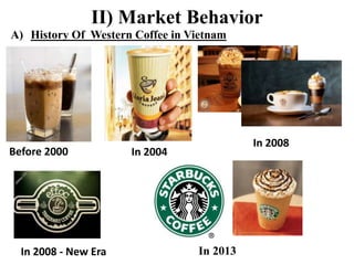 II) Market Behavior
A) History Of Western Coffee in Vietnam
Before 2000 In 2004
In 2008
In 2008 - New Era In 2013
 