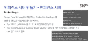 •
•
# Install hdfscli for downloading model files.
RUN pip install hdfs
COPY files/.hdfscli.cfg /root/
…
RUN mkdir -p /naver/BASE-TFS/model
…
# Starting TFS.
COPY docker-entrypoint.sh /
RUN chmod 755 /docker-entrypoint.sh
ENTRYPOINT ["/docker-entrypoint.sh"]
# Upgrade c++ library.
RUN apt-get install -y software-properties-common
RUN add-apt-repository ppa:ubuntu-toolchain-r/test –y
RUN apt-get updateRUN apt-get upgrade -y libstdc++6
# Run following command if required version not installed
# strings /usr/lib/x86_64-linux-gnu/libstdc++.so.6 | grep GLIBCXX
 