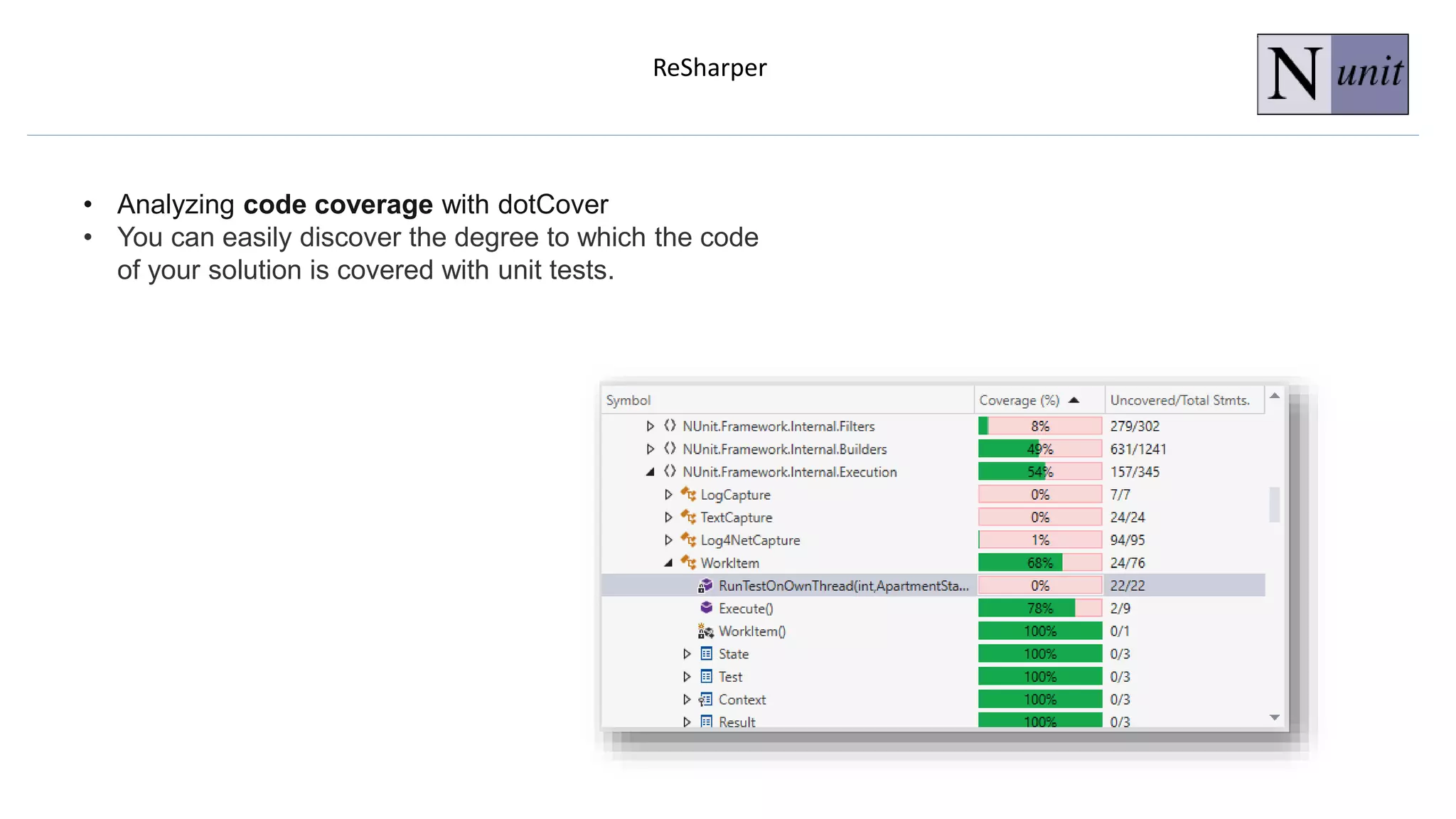ReSharper
• Analyzing code coverage with dotCover
• You can easily discover the degree to which the code
of your solution is covered with unit tests.
 
