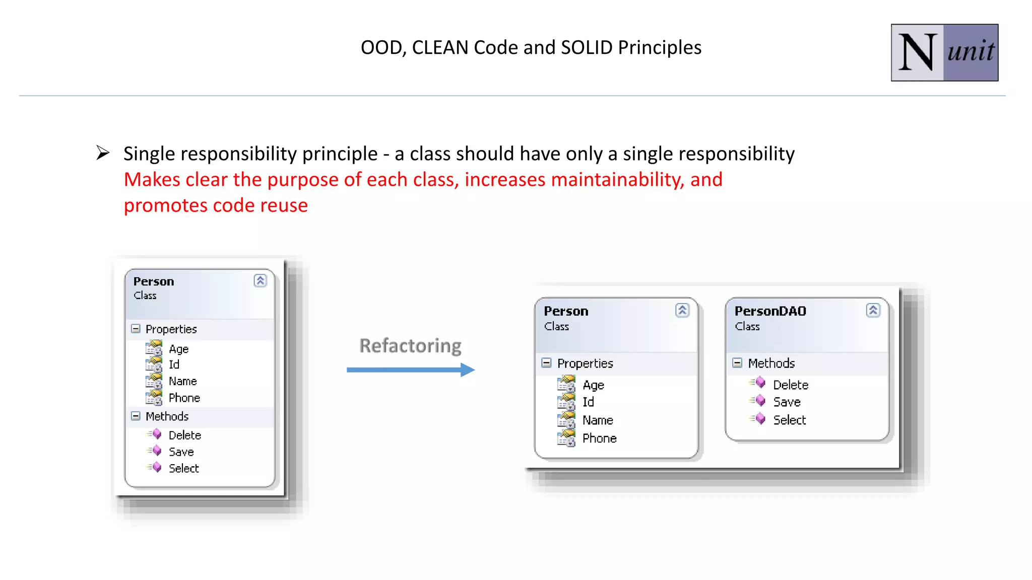 OOD, CLEAN Code and SOLID Principles
 Single responsibility principle - a class should have only a single responsibility
Makes clear the purpose of each class, increases maintainability, and
promotes code reuse
 