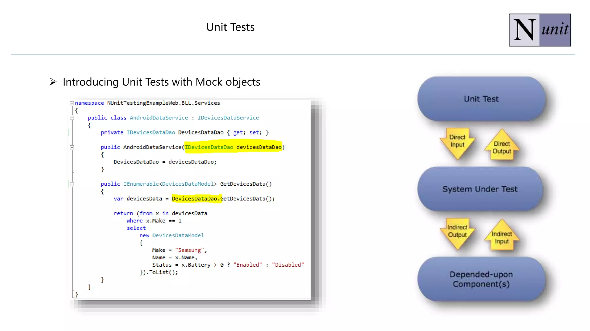 Unit Tests
 Introducing Unit Tests with Mock objects
 