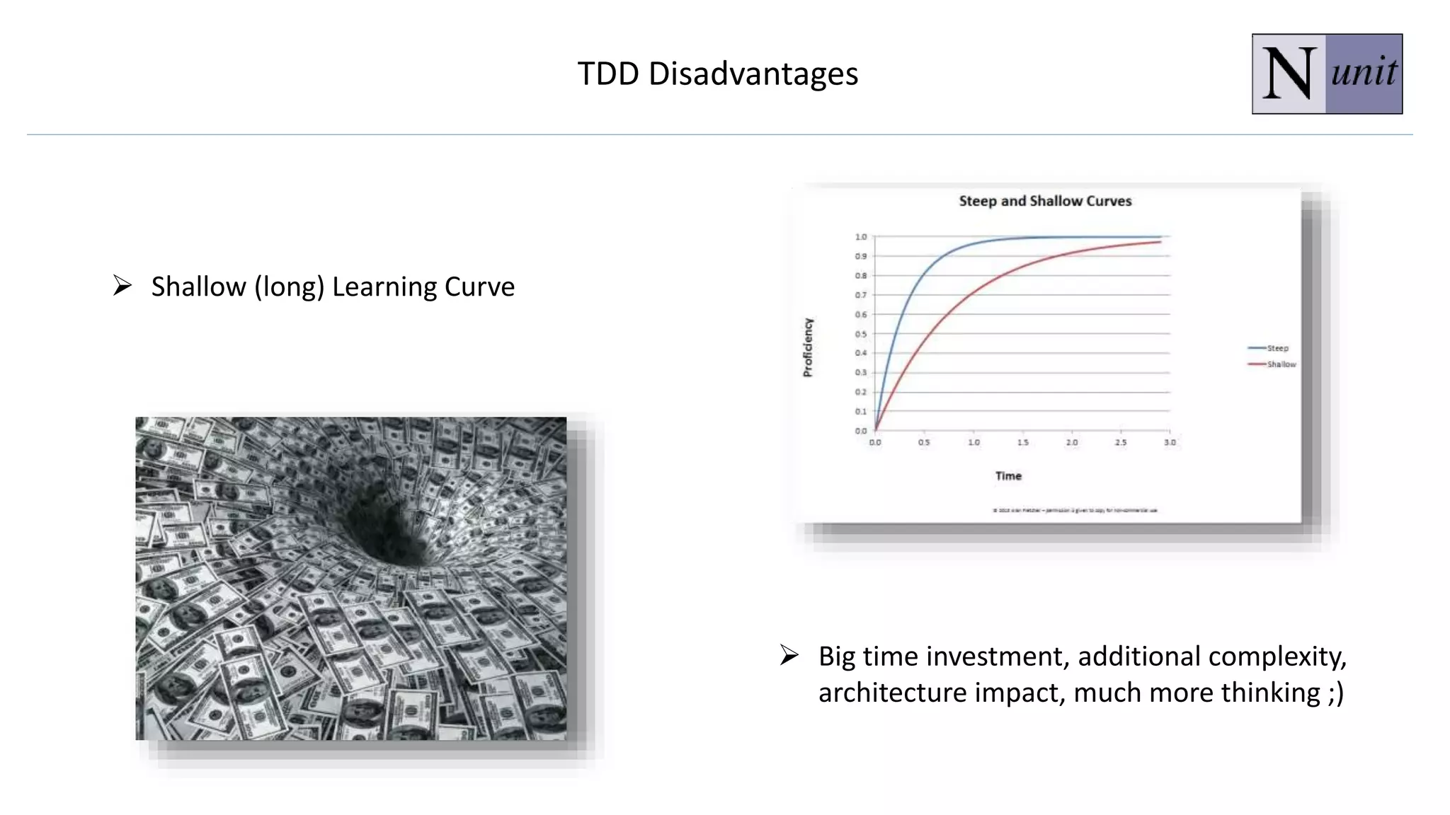 TDD Disadvantages
 Big time investment, additional complexity,
architecture impact, much more thinking ;)
 Shallow (long) Learning Curve
 