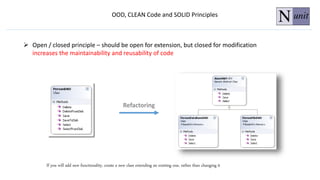 OOD, CLEAN Code and SOLID Principles
 Open / closed principle – should be open for extension, but closed for modification
increases the maintainability and reusability of code
If you will add new functionality, create a new class extending an existing one, rather than changing it
 