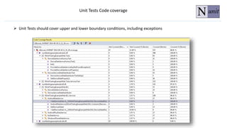 Unit Tests Code coverage
 Unit Tests should cover upper and lower boundary conditions, including exceptions
 