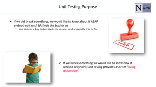  If we did break something, we would like to know about it ASAP
and not wait until QA finds the bug for us
 the sooner a bug is detected, the simpler and less costly it is to fix
 If we break something we would like to know how it
worked originally; unit testing provides a sort of "living
document".
Unit Testing Purpose
 