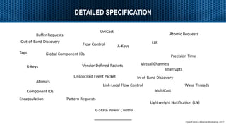 OpenFabrics Alliance Workshop 2017
DETAILED SPECIFICATION
Tags
Virtual Channels
Component IDs
Flow Control
Link-Local Flow Control
LLR
Encapsulation
Wake Threads
Precision Time
Lightweight Notification (LN)
Vendor Defined Packets
Pattern Requests
Buffer Requests Atomic Requests
Interrupts
R-Keys
A-Keys
C-State Power Control
Unsolicited Event Packet
Global Component IDs
UniCast
MultiCast
Out-of-Band Discovery
In-of-Band Discovery
Atomics
 