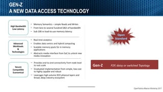 OpenFabrics Alliance Workshop 2017
GEN-Z
A NEW DATA ACCESS TECHNOLOGY
− Provides end-to-end connectivity from node level
to rack scale
− Graduated implementation from simple, low cost
to highly capable and robust
− Leverages high-volume IEEE physical layers and
broad, deep industry ecosystem
− Real time analytics
− Enables data centric and hybrid computing
− Scalable memory pools for in memory
applications
− Abstracts media interface from SoC to unlock new
media innovation
High Bandwidth
Low Latency
− Memory Semantics – simple Reads and Writes
− From tens to several hundred GB/s of bandwidth
− Sub-100 ns load-to-use memory latency
Advanced
Workloads
&
Technologies
Secure
Compatible
Economical
P2P, daisy or switched TopologyGen-Z
 