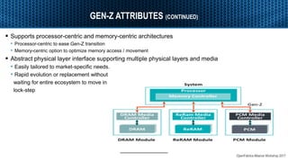 OpenFabrics Alliance Workshop 2017
GEN-Z ATTRIBUTES (CONTINUED)
 Supports processor-centric and memory-centric architectures
• Processor-centric to ease Gen-Z transition
• Memory-centric option to optimize memory access / movement
 Abstract physical layer interface supporting multiple physical layers and media
• Easily tailored to market-specific needs.
• Rapid evolution or replacement without
waiting for entire ecosystem to move in
lock-step
 