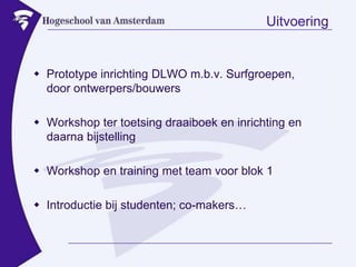 UitvoeringPrototype inrichting DLWO m.b.v. Surfgroepen,door ontwerpers/bouwersWorkshop ter toetsing draaiboek en inrichting en daarna bijstellingWorkshop en training met team voor blok 1Introductie bij studenten; co-makers…