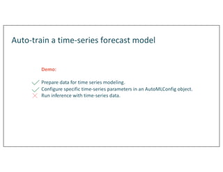 Auto-train a time-series forecast model
Demo:
Prepare data for time series modeling.
Configure specific time-series parameters in an AutoMLConfig object.
Run inference with time-series data.
 