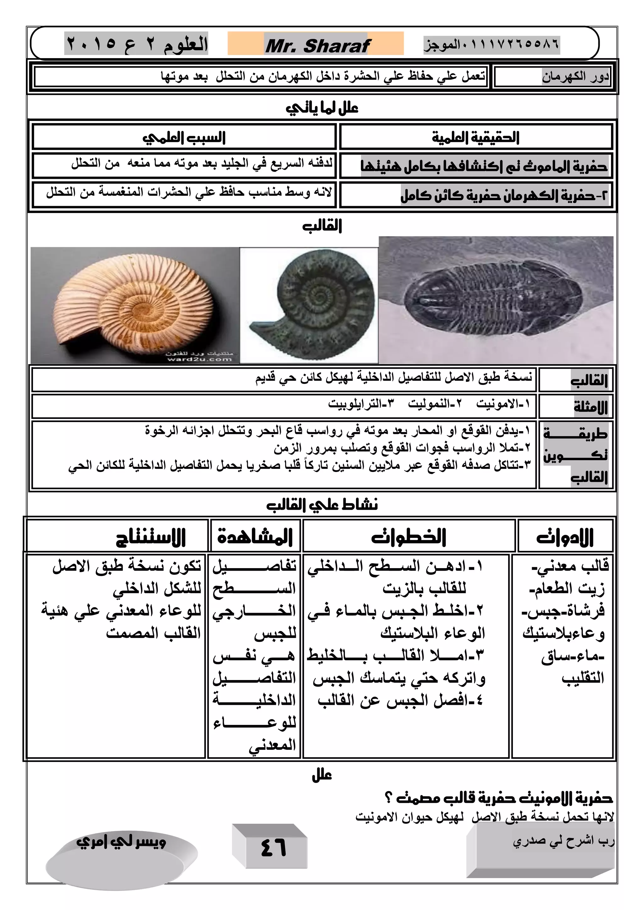 رب اشرح لي صدري ويسر لي امري 
46 
العلوم 2 ع 2651 Mr. Sharaf 65556201110 الموجز 
دور الكهرمان تعمل علي حفاظ علي الحشرة داخل الكهرمان من التحلل بعد موتها 
علل لما ياتي 
الحقيقية العلمية السبب العلمي 
حفرية الماموث تم اكتشافها بكامل هئيتها لدفنه السريع في الجليد بعد موته مما منعه من التحلل 
2 حفرية الكهرمان حفرية كائن كامل لانه وسط مناسب حافظ علي الحشرات المنغمسة من التحلل - 
القالب 
القالب نسخة طبق الاصل للتفاصيل الداخلية لهيكل كائن حي قديم 
الامثلة 1 الامونيت 2 النموليت 3 الترايلوبيت - - - 
طريقرررررررررررررة 
تكرررررررررررروين 
القالب 
1 يدفن القوقع او المحار بعد موته في رواسب قاع البحر وتتحلل اجزائه الرخوة - 
2 تملا الرواسب فجوات القوقع وتصلب بمرور الزمن - 
3 تتاكل صدفه القوقع عبر ملايين السنين تاركاً قلبا صخريا يحمل التفاصيل الداخلية للكائن الحي - 
نشاط علي القالب 
الادوات الخطوات المشاهدة الاستنتاج 
قالب معدني- 
زيت الطعام- 
فرشاة جبس- - 
وعاءبلاستيك 
ماء ساق - - 
التقليب 
-1 ادهررررن السررررطح الررررداخلي 
للقالب بالزيت 
2 اخلررط الجرربس بالمرراء فرري - 
الوعاء البلاستيك 
3 امرررررررلا القالرررررررب برررررررالخليط - 
واتركه حتي يتماسك الجبس 
4 افصل الجبس عن القالب - 
تفاصرررررررررررررررريل 
السرررررررررررررررررطح 
الخرررررررررررررارجي 
للجبس 
هرررررري نفررررررس 
التفاصرررررررررررريل 
الداخليرررررررررررررررة 
للوعررررررررررررررررراء 
المعدني 
تكون نسخة طبق الاصل 
للشكل الداخلي 
للوعاء المعدني علي هئية 
القالب المصمت 
علل 
حفرية الامونيت حفرية قالب مصمت ؟ 
لانها تحمل نسخة طبق الاصل لهيكل حيوان الامونيت 
 