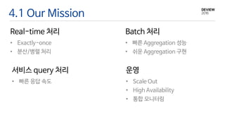 4.1 Our Mission
Real-time 처리
• Exactly-once
• 분산/병렬 처리
Batch 처리
• 빠른 Aggregation 성능
• 쉬운 Aggregation 구현
운영
• Scale Out
• High Availability
• 통합 모니터링
서비스 query 처리
• 빠른 응답 속도
 