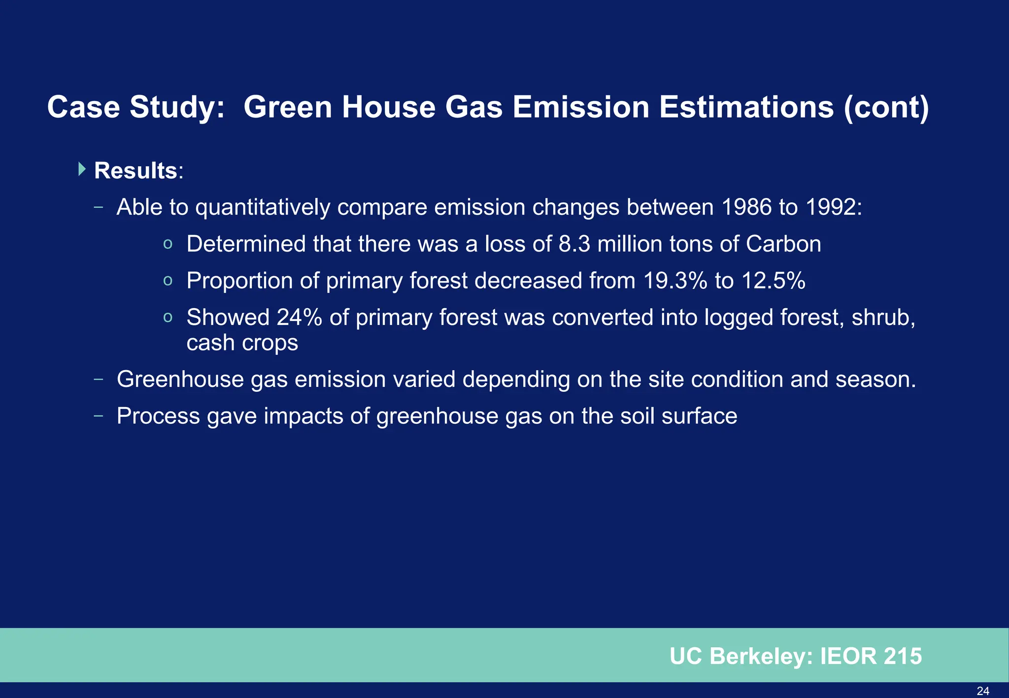 24
UC Berkeley: IEOR 215
Case Study: Green House Gas Emission Estimations (cont)
Results:
– Able to quantitatively compare emission changes between 1986 to 1992:
o Determined that there was a loss of 8.3 million tons of Carbon
o Proportion of primary forest decreased from 19.3% to 12.5%
o Showed 24% of primary forest was converted into logged forest, shrub,
cash crops
– Greenhouse gas emission varied depending on the site condition and season.
– Process gave impacts of greenhouse gas on the soil surface
 