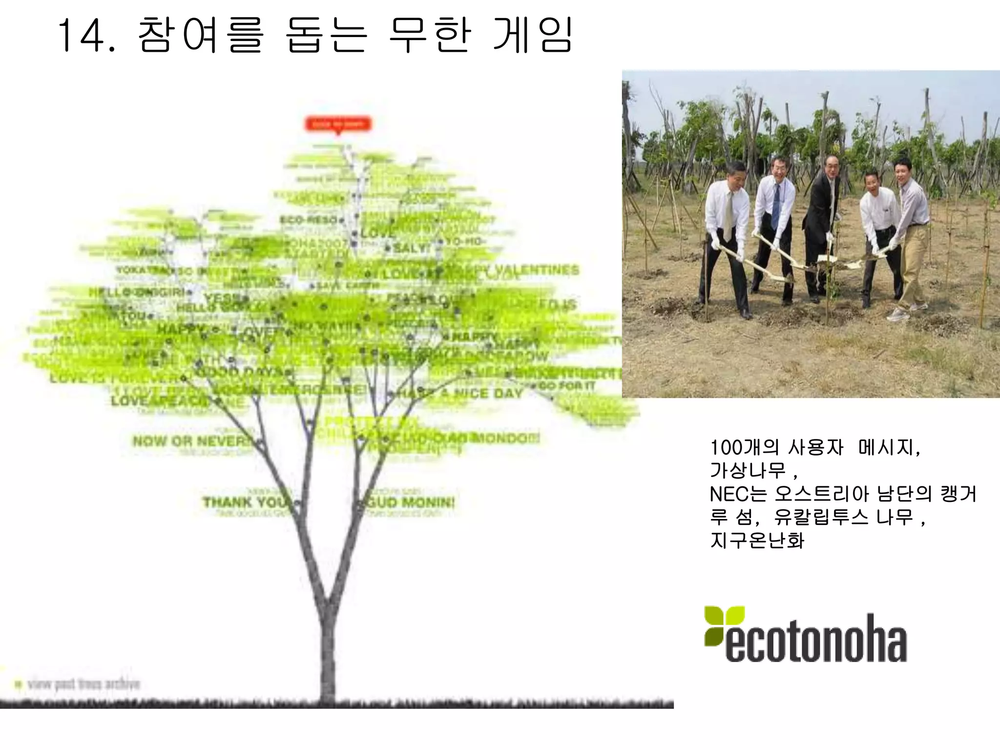 100개의 사용자 메시지,
가상나무 ,
NEC는 오스트리아 남단의 캥거
루 섬, 유칼립투스 나무 ,
지구온난화
14. 참여를 돕는 무한 게임
 