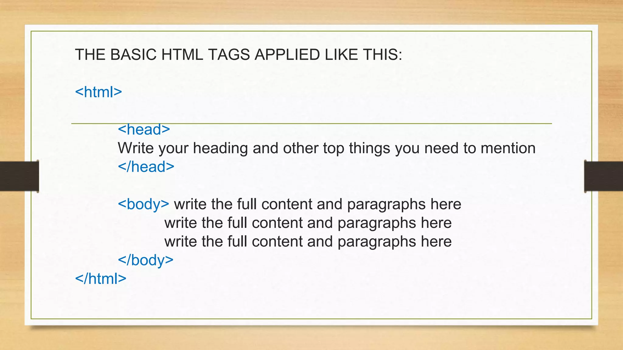 THE BASIC HTML TAGS APPLIED LIKE THIS:
<html>
<head>
Write your heading and other top things you need to mention
</head>
<body> write the full content and paragraphs here
write the full content and paragraphs here
write the full content and paragraphs here
</body>
</html>
 
