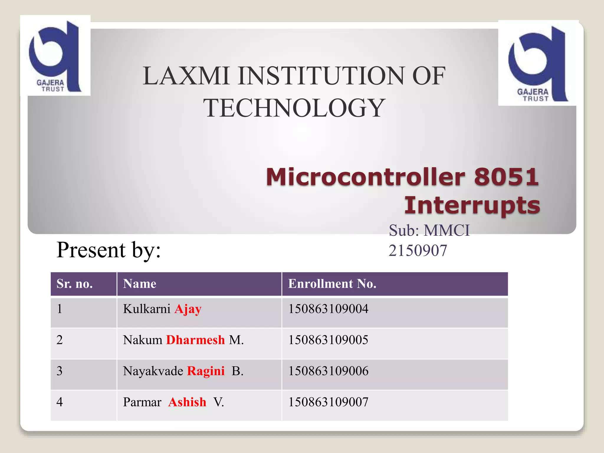 Microcontroller 8051
Interrupts
Present by:
LAXMI INSTITUTION OF
TECHNOLOGY
Sr. no. Name Enrollment No.
1 Kulkarni Ajay 150863109004
2 Nakum Dharmesh M. 150863109005
3 Nayakvade Ragini B. 150863109006
4 Parmar Ashish V. 150863109007
Sub: MMCI
2150907
 